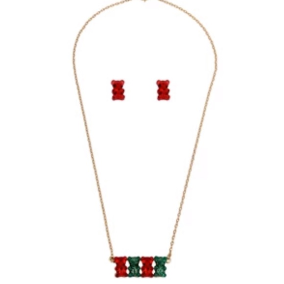 New Betsey Johnson Festive Gummy Bear Necklace & Stud Earrings Set - Picture 5 of 13